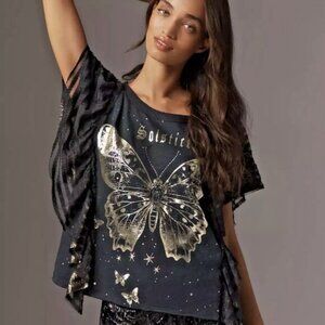 NWT XXS Anthropologie Pilcro Black Golden Hour Solstice Butterfly Lace Top
